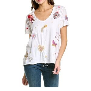 Johnny Was White Tee with Colorful Embroidery